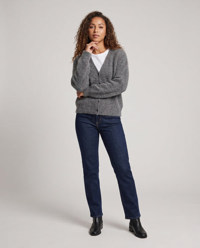 Damen Leichter Flausch-Cardigan mit V-Ausschnitt und durchgehender Knopfleiste Nord Taschen