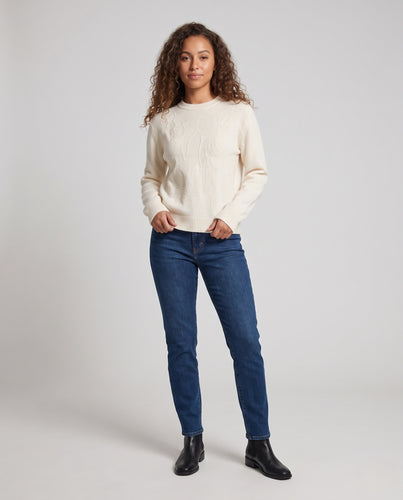 Damen Lockerer Feinstrick-Pullover mit tonaler Relief-Blütenstruktur und geripptem Saum Nord Taschen