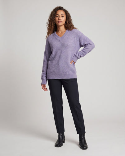 Damen Oversize Mohair-Optik V-Ausschnitt Pullover mit dezentem Pailletten-Effekt Nord Taschen