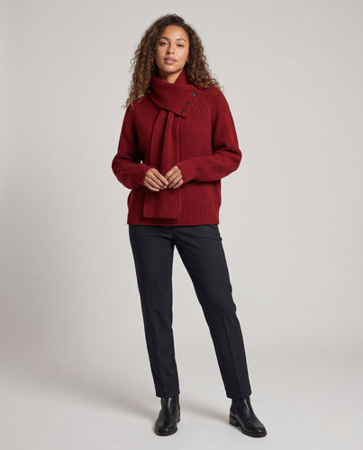 Damen Oversized Rippstrick-Pullover mit asymmetrischem Knopfkragen und Raglanärmeln Nord Taschen