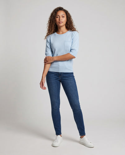 Damen Feiner 3/4‑Arm Feinstrickpullover mit Ballonärmeln und Brusttasche Nord Taschen