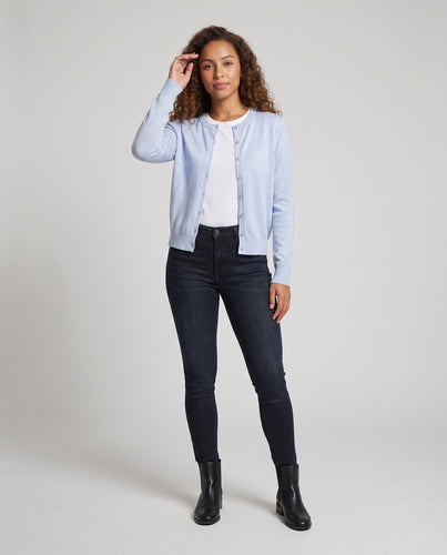 Damen Feiner, leichter Strickcardigan mit Rundhalsausschnitt und dezentem Glitzergarn Nord Taschen