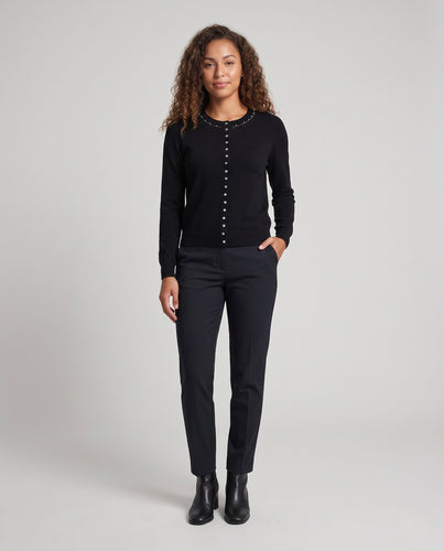 Damen Feinstrick-Cardigan mit Ziersteinbesatz am Rundhalsausschnitt und feiner Knopfleiste Nord Taschen