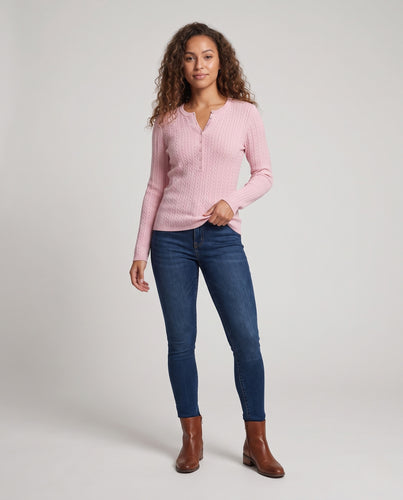 Damen Feinstrick-Henley mit Zopfmuster, schmaler Silhouette und Knopfleiste Nord Taschen