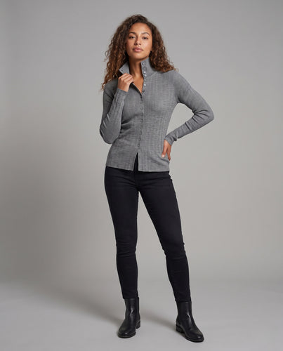 Damen Figurnaher Rippstrick-Cardigan mit hohem Stehkragen und durchgehender Knopfleiste Nord Taschen