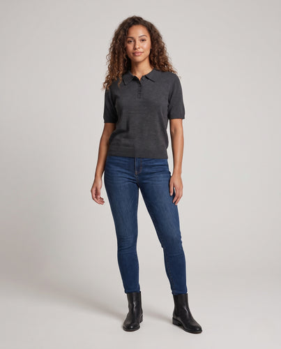 Damen Kurzarm Feinstrick-Poloshirt mit Knopfleiste und flachem Kragen Nord Taschen