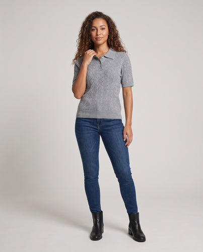 Damen Kurzarm Strick-Poloshirt mit Zopfmuster und dezenter Knopfleiste Nord Taschen
