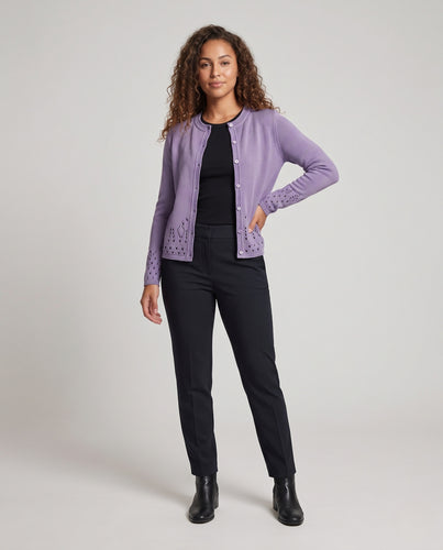 Damen Leichter Feinstrick-Cardigan mit zierlicher Ajourbordüre und feiner Knopfleiste Nord Taschen