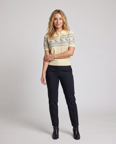 Damen Leichtes Kurzarm-Polo-Feinstricktop mit Pferde-Jacquard und geripptem Saum Nord Taschen