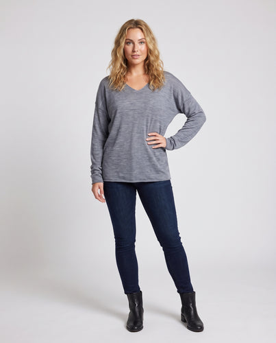 Damen Luftiger Mélange V-Ausschnitt Feinstrickpullover mit lockerem Schnitt Nord Taschen