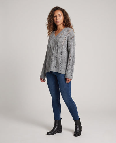 Damen Oversize V-Ausschnitt Strickpullover mit Ajourmuster Nord Taschen