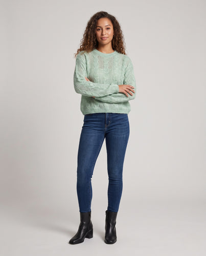 Damen Zopfmuster-Strickpullover in Mohair-Optik mit lockerem Oversize-Schnitt und Rundhals Nord Taschen
