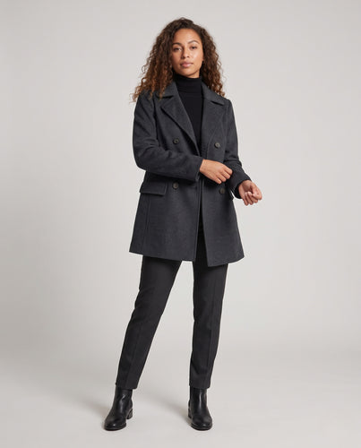 Damen Doppelreihiger mittellanger Wollmix‑Mantel mit kaschierender Silhouette und Pattentaschen Nord Taschen