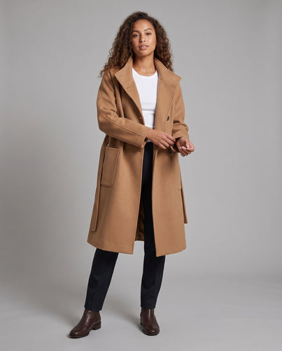 Damen Doppelreihiger Wollmantel mit Bindegürtel und Stehkragen Nord Taschen