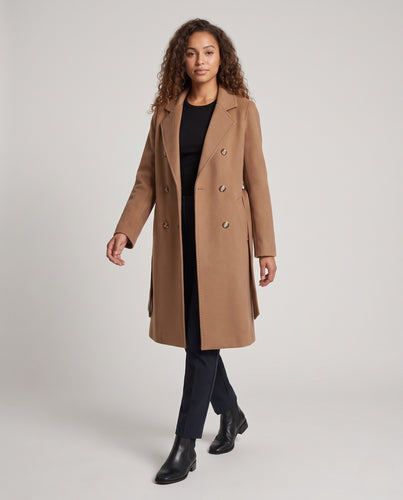 Damen Doppelreihiger Wollmantel mit Taillengürtel und Reverskragen Nord Taschen
