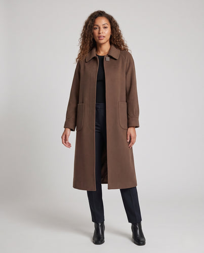 Damen eleganter Maxilanger Wollmix-Mantel mit verdeckter Knopfleiste, rundem Hemdkragen und aufgesetzten Taschen Nord Taschen