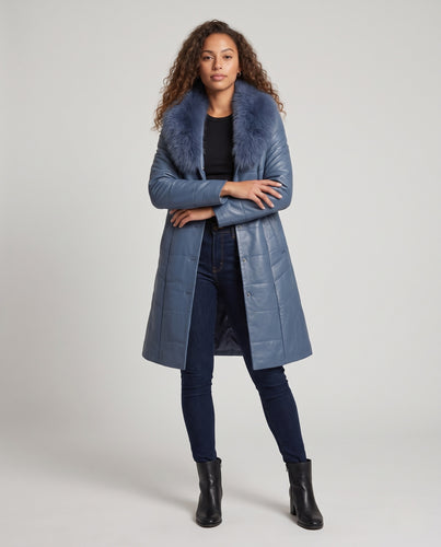 Damen eleganter mittellanger Steppmantel mit konturierter Taille und abnehmbarem voluminösem Kragen Nord Taschen