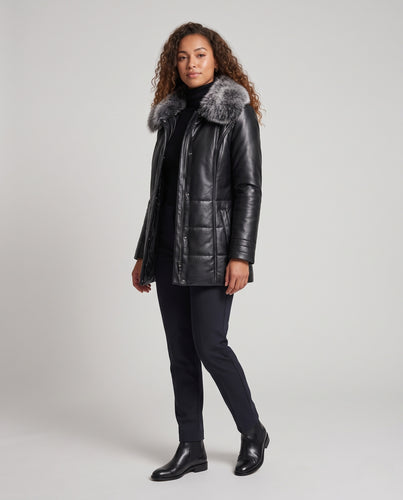 Damen gesteppte Lederoptik-Jacke mit taillierter Silhouette und abnehmbarem Pelzkragen Nord Taschen