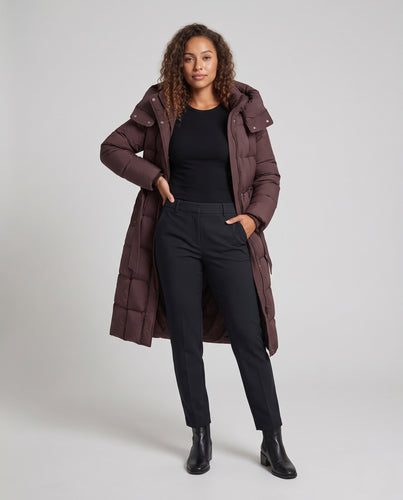 Damen gesteppter Longmantel mit Kapuze, Taillenzug und wattierter Isolierung Nord Taschen