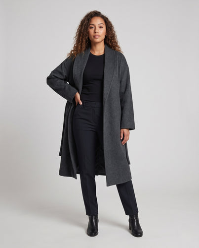 Damen Kaschierender Wickel-Longmantel aus Wollmix mit weichem Schalkragen und Bindegürtel Nord Taschen
