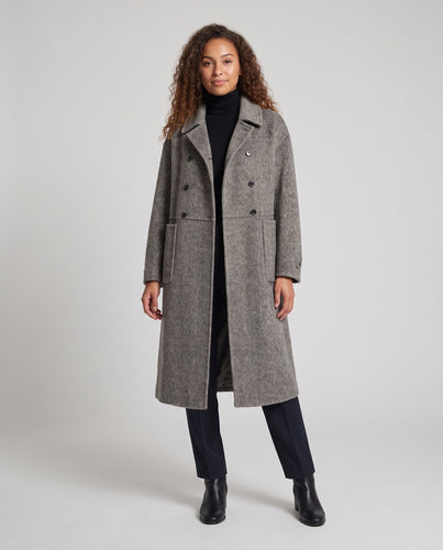 Damen kastiger Doppelreihiger Wollmix-Longcoat mit aufgesetzten Taschen Nord Taschen