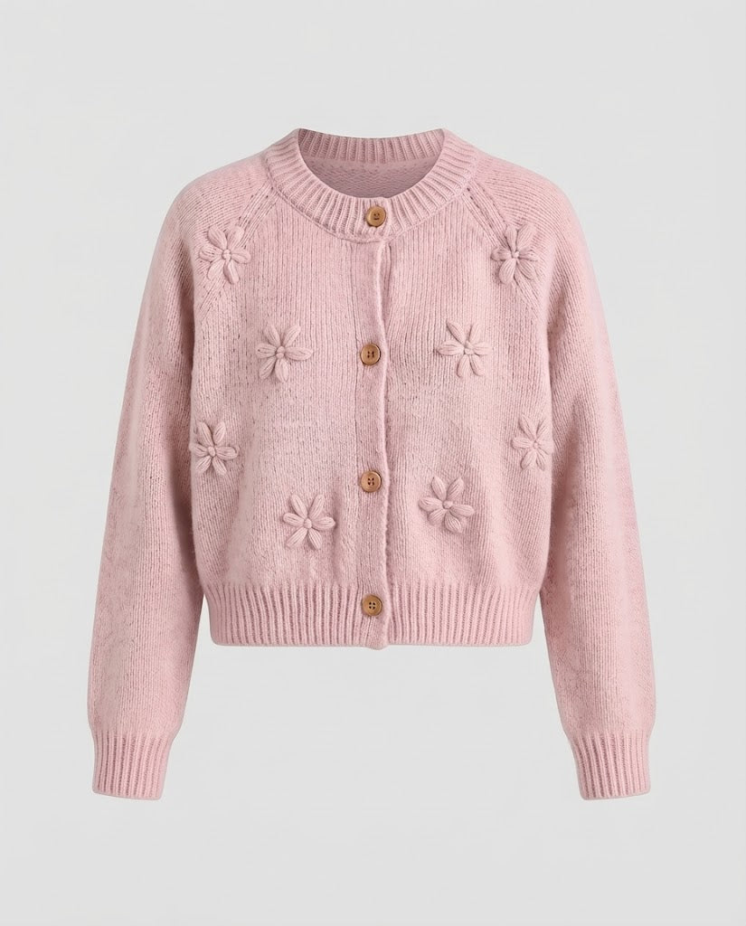 Damen Kurz geschnittene Strickjacke mit dreidimensionalen Blumenmotiven, Holzknöpfen und geripptem Saum Nord Taschen