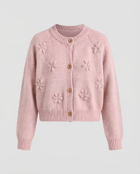 Damen Kurz geschnittene Strickjacke mit dreidimensionalen Blumenmotiven, Holzknöpfen und geripptem Saum Nord Taschen