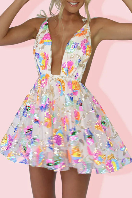 V-Ausschnitt Offene Rücken Pailletten Blumen Binde A-Linie Mini Kleid