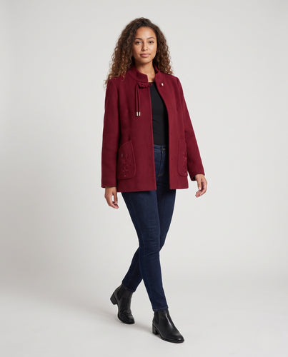 Damen Kurzjacke aus Wollmix mit Stehkragen, Zierknoten und aufgesetzten Taschen Nord Taschen