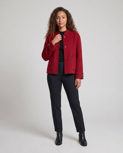 Damen Kurzjacke im Cocoon‑Schnitt mit Stehkragen, Knebelverschluss und Spitzenmanschetten Nord Taschen