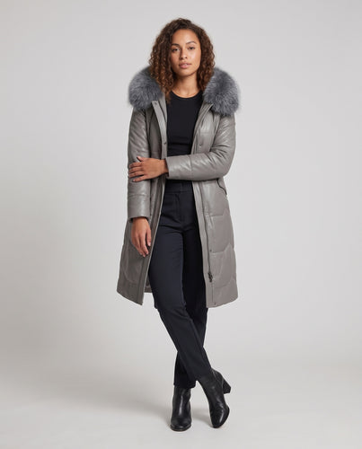 Damen Langer gesteppter Kunstleder-Mantel mit voluminösem Fellkragen und taillierter Silhouette Nord Taschen