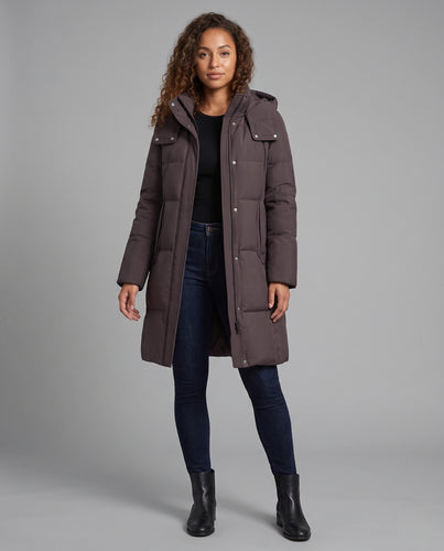 Damen langer gesteppter Thermoparka mit Kapuze und hohem Kragen Nord Taschen