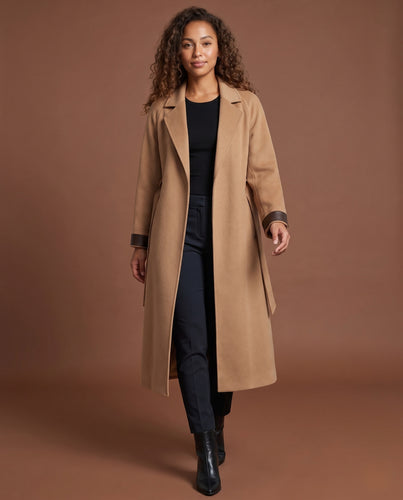 Damen Langer Taillierter Wollmix-Mantel mit Bindegürtel und Manschetten-Detail Nord Taschen
