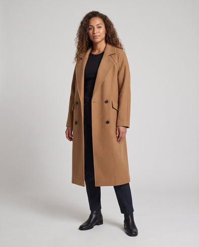 Damen Longline Doppelreihiger Wollmix-Mantel mit Reverskragen Nord Taschen