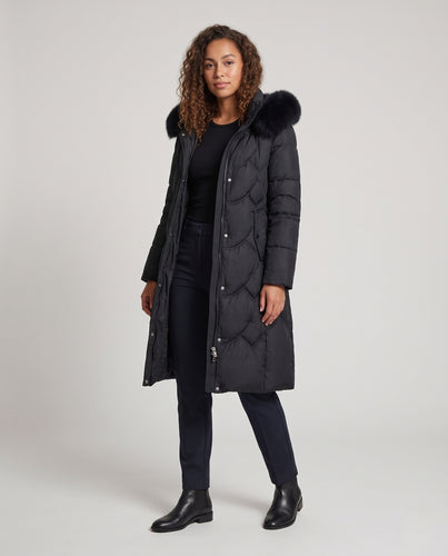 Damen Longline Steppmantel mit Kapuze, abnehmbarem Kunstpelzkragen und taillierter Rückenschleife Nord Taschen
