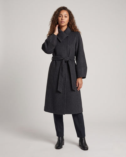Damen Longline Wollmix-Mantel mit asymmetrischem Schalkragen und Bindegürtel Nord Taschen