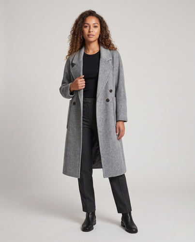 Damen Longline Wollmix-Mantel mit überlappender Doppelreihe und großen Pattentaschen Nord Taschen