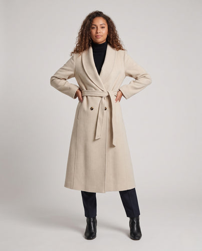 Damen Maxilanger Schalkragen‑Wollmixmantel mit Bindegürtel und cleanem Fall Nord Taschen