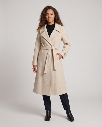 Damen Maxilanger Wickel-Longcoat aus Wollmix mit breitem Revers und Bindegürtel Nord Taschen