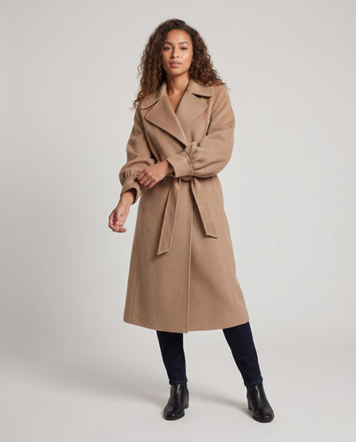 Damen Maxilanger Wickelmantel aus Wollmix mit femininer A-Linie und Knotenbindung Nord Taschen