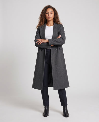 Damen Maxilanger Wollmix-Longcoat mit taillierender Nahtführung, minimaler Zweiknopf‑Front und Pattentaschen Nord Taschen