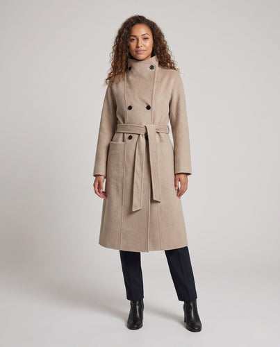 Damen Maxilanger Wollmix‑Mantel mit weitem Stehkragen, Oversize‑Ärmeln und aufgesetzten Taschen Nord Taschen