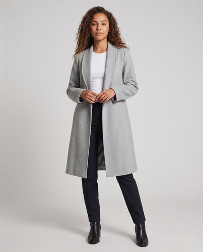 Damen Midilanger kaschierender Wollmix-Longcoat mit schmalem Schalkragen und taillierender Nahtführung Nord Taschen