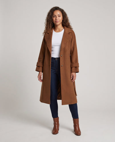Damen Midilanger taillierter Wollmix-Mantel mit Bindegürtel, Reverskragen und Manschettenriegel Nord Taschen