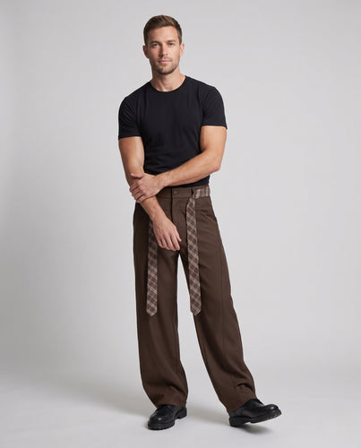 Herren Extraweite Palazzo-Hose mit hohem Bund, Bundfalten und Karomuster-Schärpe Nord Taschen