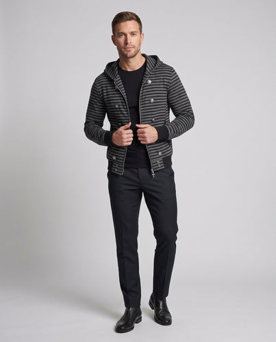 Herren Gestreifte Kapuzen-Sweatjacke im Military-Style mit Doppelknopfreihe und Frontreißverschluss Nord Taschen