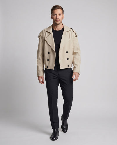 Herren Kurz geschnittene Doppelreiher‑Trenchjacke mit Schulterpatten und elastischem Saum Nord Taschen