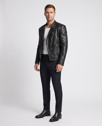 Herren Kurze doppeltreihige Lederjacke im Military‑Stil Nord Taschen