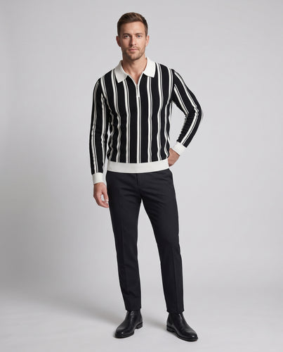 Herren Langarm-Polopullover mit halbem Reißverschluss, senkrechten Kontraststreifen und Rippbündchen Nord Taschen