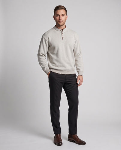Herren legeres Feinstrick-Sweatshirt mit Stehkragen, Henley-Knopfleiste und Zierstichkante Nord Taschen